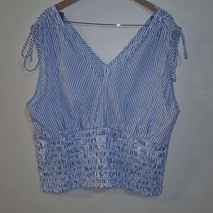 Old Navy Blue and White Striped V-Neck Smocked Tank